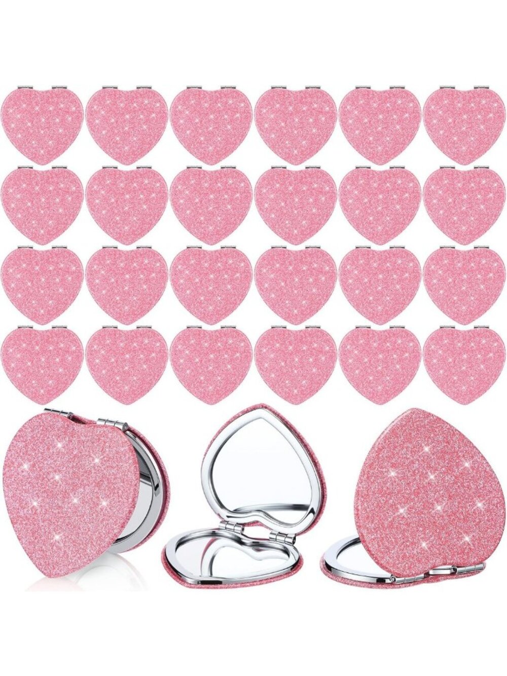 24 Pcs Pink Heart Compact Mirrors - Double-Sided Magnifying Makeup Accessory